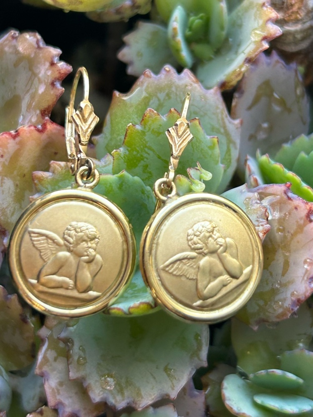 Vintage 14k Italian yellow gold Cupid cherub Angel coin Medallion Drop Earrings